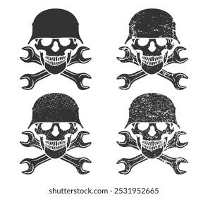 Skull with crossed wrenches and ww2 german helmet. Construction builder plumbing wrench or body shop repair car and truck mechanic service tool crossed. Vector illustration image.