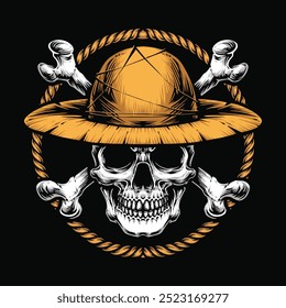 skull with crossing bones wearing straw hat vector