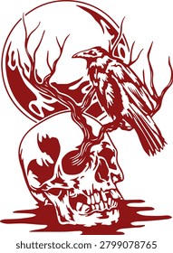 Skull with Crow Bird and Deer Antlers Illustration Dark Gothic Wildlife Design for Tshirt and Apparel Print