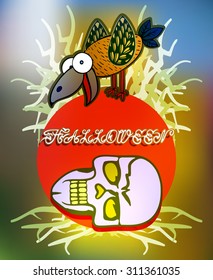 Skull and Crow. Bird shouting on a hill, cartoon illustration with text.