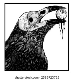 Skull crow eat eye dark black artwork raven hand drawn illustration t-shirt design