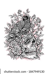 Skull with a crow and flowers