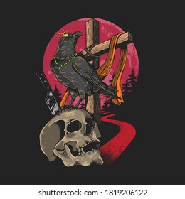 skull and crow illustration vector graphic