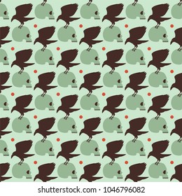 Skull and crow. Seamless vector pattern. Retro color.