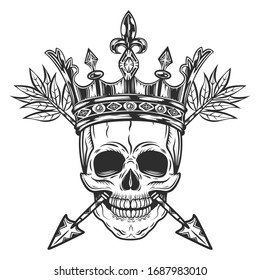 Skull with crown and arrows. Prince with corona in monochrome style. Isolated on white background