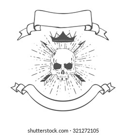 Skull with Crown and Banners Vector Illustration