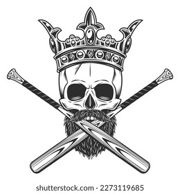 Skull in crown with beard and mustache with baseball bat club emblem design elements template in vintage monochrome style isolated vector illustration