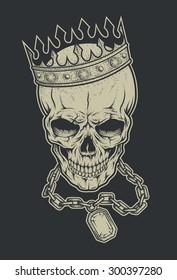 Skull, crown and chain with a precious stone. Vintage illustration in medieval style.