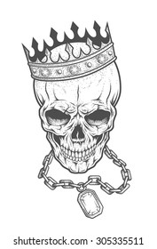 Skull with crown and chain with a precious stone. Dotwork style.