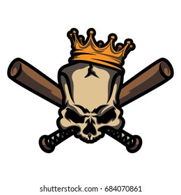 Skull with crown and crossed baseball bats. Vector hand crafted illustration. Good for emblem, label, t-shirt print, badge and stickers.