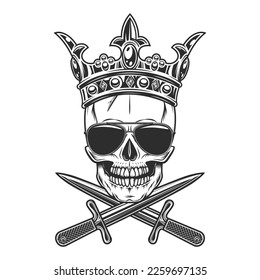 Skull in crown with crossed knife with sunglasses accessory to protect eyes from bright sun vintage isolated vector illustration
