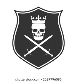 Skull with crown and crossed sword coat of arms. Royal and heraldry vrest symbol. Vector illustration image.