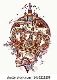 Skull with a crown. Dead king and medieval castle. Color tattoo and t-shirt design. Fairy tale, fantasy concept 