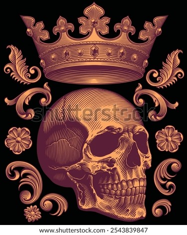 Skull and Crown. Design set. Editable hand drawn illustration. Vector vintage engraving. Isolated on black background. 8 EPS