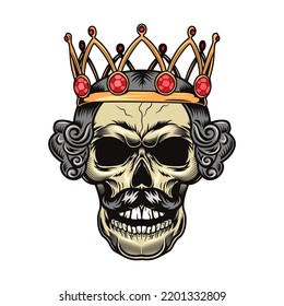 Skull in crown flat illustration. Dead king heads for isolated tattoo vector illustration. Monarchy, death and design concept