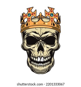 Skull in crown flat illustration. Dead king heads for isolated tattoo vector illustration. Monarchy, death and design