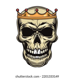 Skull in crown flat illustration. Dead king heads for isolated tattoo vector illustration. Monarchy design