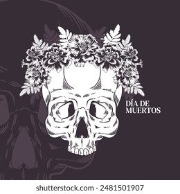 Cráneo con una corona de flores. Marigold. Ilustración vectorial. Sempasuchitl por el Día de los Muertos. Ramo monocromo de tegetes para tarjetas, invitaciones, carteles, textiles, embalaje, pegatinas