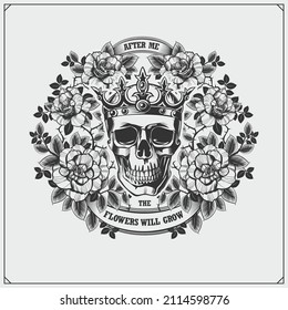 Skull, crown and flowers. Tattoo vintage print. Rock emblem.