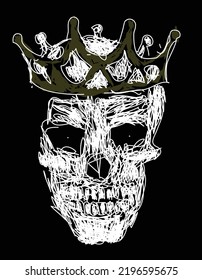Skull with crown, king icon hand draw art vector graffiti, white color on the black background. 