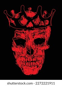 Skull with crown, king icon hand draw art vector graffiti, red color on the black background. 