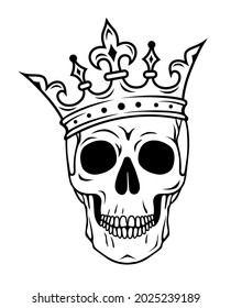 Skull in crown king or queen skeleton. Vector dead royal head. Black and white silhouette.