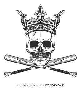 Skull in crown and mustache with baseball bat club emblem design elements template in vintage monochrome style isolated vector illustration