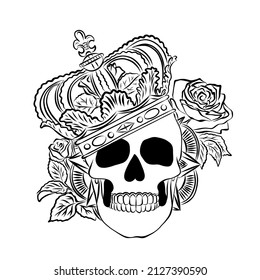 Skull with crown on head and flowers Day of the Dead, vintage vector illustration