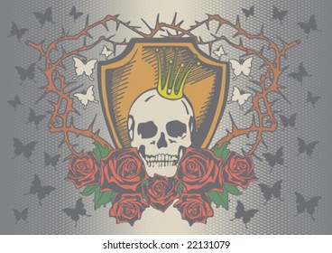 Skull with crown and red roses on the gloomy background