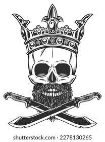 Calavera en el rey real de la corona con barba y bigote con cuchillo y cinta cruzada de machete. Arma fundida de cazador en la jungla. Vector negro y blanco aislado en fondo blanco