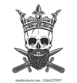 Skull in crown royal king with hipster mustache and beard and crossed knife dagger isolated on white background monochrome illustration