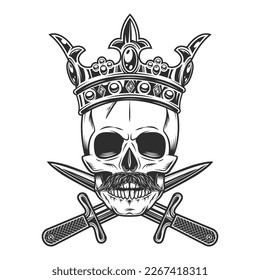 Skull in crown royal king with hipster mustache and crossed knife dagger isolated on white background monochrome illustration