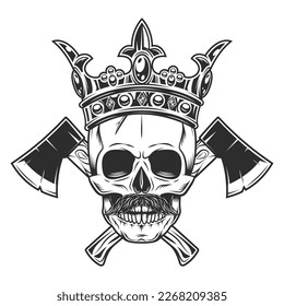 Skull in crown royal king with mustache and crossed wooden axe business woodworking or lumberjack emblem construction builder tool