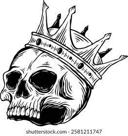 Skull with crown series 1. Vector illustration. Monochrome hand drawn style