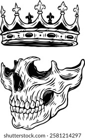 Skull with crown series 2. Vector illustration. Monochrome hand drawn style 