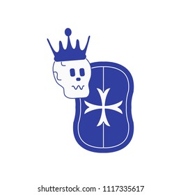 Skull in the crown with shield. Design element for postcard, banner or print.