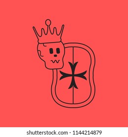 Skull in the crown with shield. Design element for postcard, banner or print.