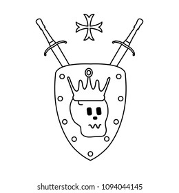 Skull, crown, shield, two crossed swords, cross. Design element for postcard, banner or print. 