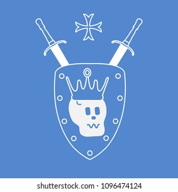 Skull, crown, shield, two crossed swords, cross. Design element for postcard, banner or print. 
