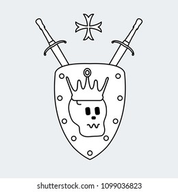 Skull, crown, shield, two crossed swords, cross. Design element for postcard, banner or print. 