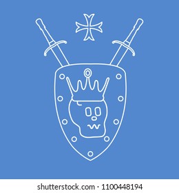 Skull, crown, shield, two crossed swords, cross. Design element for postcard, banner or print. 