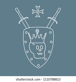 Skull, crown, shield, two crossed swords, cross. Design element for postcard, banner or print. 