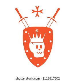 Skull, crown, shield, two crossed swords, cross. Design element for postcard, banner or print. 