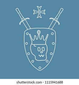 Skull, crown, shield, two crossed swords, cross. Design element for postcard, banner or print. 