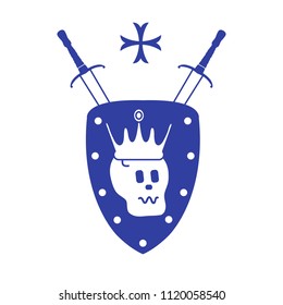 Skull, crown, shield, two crossed swords, cross. Design element for postcard, banner or print. 