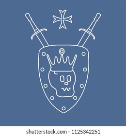 Skull, crown, shield, two crossed swords, cross. Design element for postcard, banner or print. 