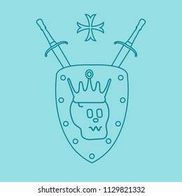 Skull, crown, shield, two crossed swords, cross. Design element for postcard, banner or print. 
