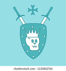Skull, crown, shield, two crossed swords, cross. Design element for postcard, banner or print. 
