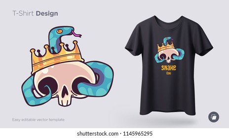 Skull in a crown with a snake t-shirt design. Print for clothes, posters or souvenirs. Vector illustration