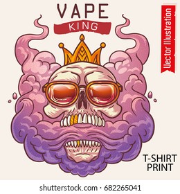 Skull with crown and sunglasses.. E-cigarettes, vape king. Human Skull lets steam from mouth. Hipster vapor. T shirt print. Street graffiti.Vector illustration on white background.